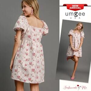 Umgee Heart Jacquard Pattern Square Neck Short Puff Sleeves Mini Dress | Pink